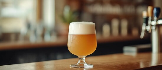 Poster - Refreshing glass of beer with foam on bar counter offering empty space for promotional text or advertisements
