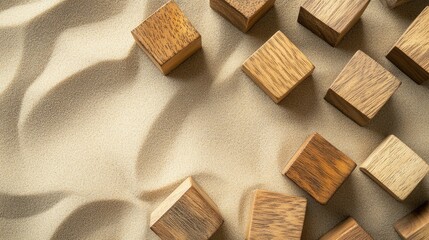 Wall Mural - Aerial perspective of wooden cubes arranged on a sandy surface with ample space for customizable text or branding applications