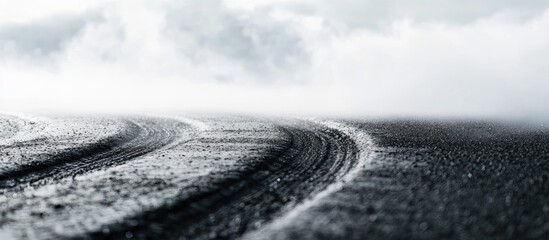 Poster - Close up tire tracks on wet asphalt under gray cloud with empty space for text showcasing motion and road travel concepts