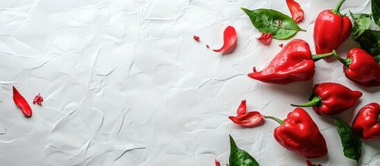 Wall Mural - Close up view of vibrant red bell peppers and green leaves on a textured paper background ideal for fresh produce themes