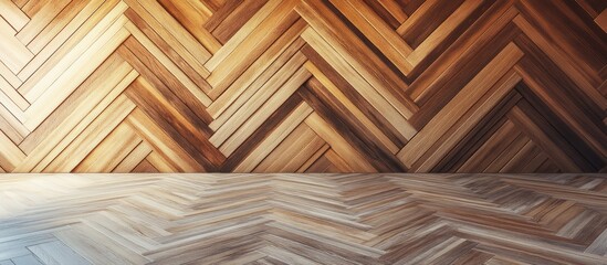 Poster - 3D rendering of luxurious wooden patterned wallpaper in a modern showroom with ample empty space for text and design elements