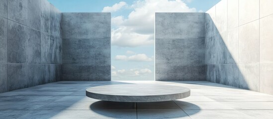 Poster - 3d illustration of minimalistic blue gray circular table in a modern empty room with sky flooring an