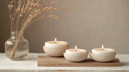 Poster - Tranquil Atmosphere with Candles and Dried Flowers for Serene Retreat Wellness Decor and Copyspace for Inspirational Text