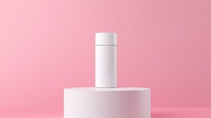 Poster - aesthetic airless bottle mockup on white podium against pink background ideal for skincare and hair 