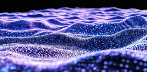 Poster - Dynamic wave lines in blue-green tones, isolated on a black background, represent AI technology, digital, communication, science, and music