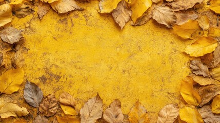 Poster - autumn yellow background with dry leaves and textures for text placement in seasonal and nature-them