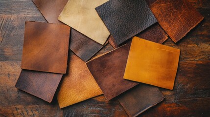 Canvas Print - Assorted Brown Leather Swatches Showcasing Diverse Textures and Rich Colors on Rustic Wooden Surface