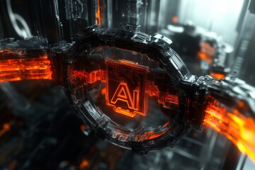 Poster - The electronic and technology concept is illustrated in a 3D rendering of a glowing AI stock technology chipset CPU set against a circuit board