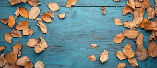 Poster - autumn flat lay of dry leaves on blue wooden surface with blank space for seasonal text and designs