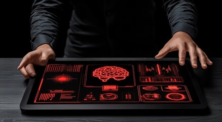 Poster - The executive businessman directs his finger at a virtual screen with the outcomes of an intelligent AI learning system, demonstrating how data and algorithms can replicate human learning methods