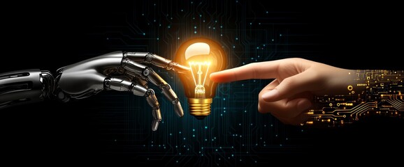 Poster - Hands of robot and human touch on big data network