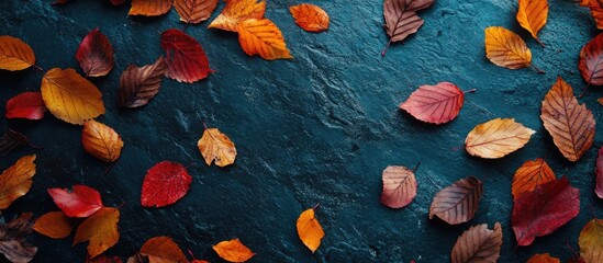 Poster - autumn leaves scattered on a textured surface with ample space for text and seasonal decoration idea