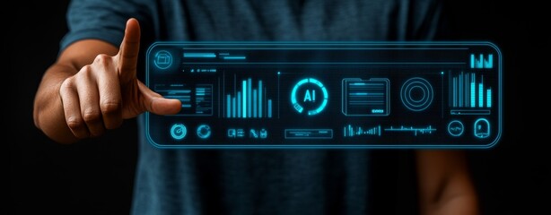 Poster - A businessman using a virtual screen to work with AI machine learning, surrounded by big data and computer code