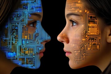 Poster - A business executive in a generative AI collage uses modern technology to keep personal information inside her head