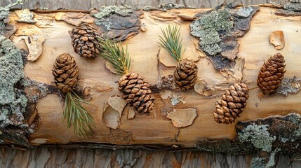 Poster - wooden log adorned with pinecones and fir buds showcasing rustic charm with natural textures and emp