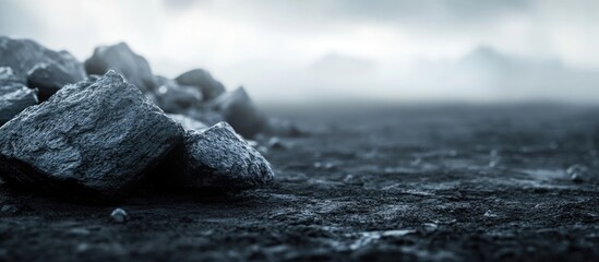 Poster - black rocks on dark surface with subtle blurred clouds and sky creating an empty space for overlaid 