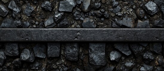 Poster - Black railroad tracks on rocky ground with ample negative space for customizable text or branding elements