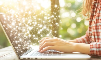 Poster - A man leverages AI software on his laptop to create images, highlighting a futuristic user interface. The visual prompt appears on the screen, with the generated image sourced from a stock photo