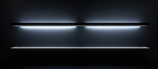 Poster - black illuminated shelves with empty space for customizable text and modern minimalist design agains