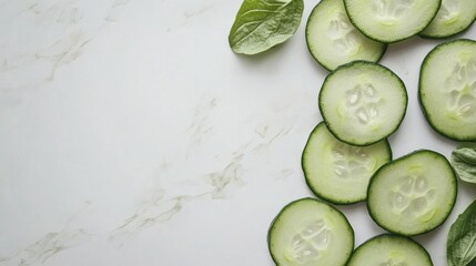Poster - Fresh Cucumber Slices on Marble Surface with Blank Space for Text and Green Leaves for Culinary or Health Themes
