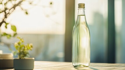 Chilled glass bottle of refreshing water on a table with natural light and empty space for text and design elements