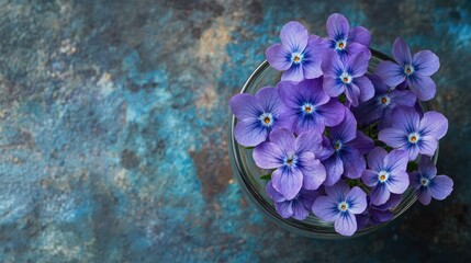 Poster - vibrant blue violet bouquet in glass cup on textured background with ample negative space for creati