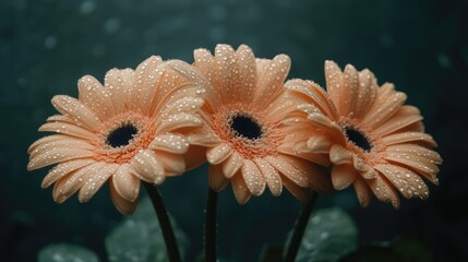 Poster - close up of three peach gerbera daisies with water droplets on petals and a blurred background for t