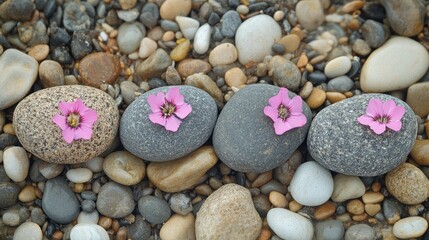Poster - serene arrangement of rocks and pink flowers on a pebble beach creating a peaceful natural compositi