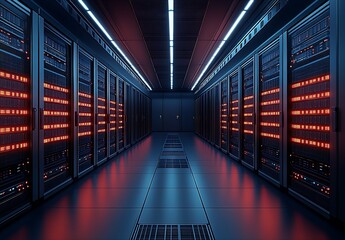 Fototapete - Advanced Server Room with Modern Data Infrastructure and Red LED Indicators : Generative AI