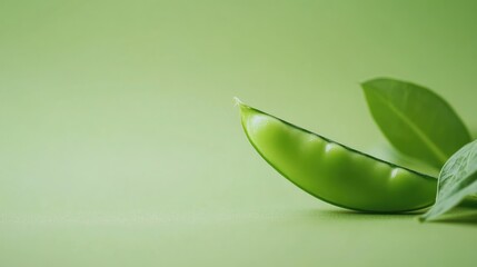 Poster - Fresh green pea pod on a soft green background creating space for text or graphics in a natural food presentation or culinary design.