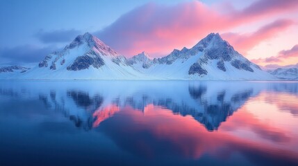 Canvas Print - Pink sunset reflecting on snow-capped mountains and calm water.