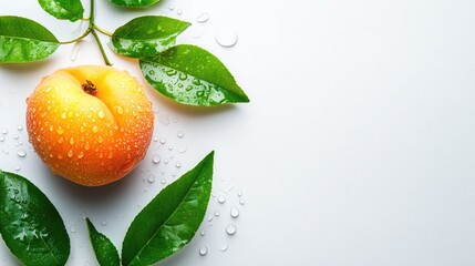 Poster - Fresh peach with water droplets surrounded by green leaves on white background showcasing natural freshness and blank space for text.