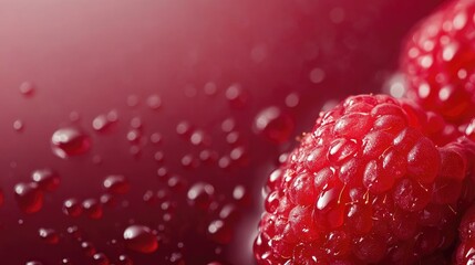 Wall Mural - Vibrant close up of fresh raspberries glistening with water droplets on a blurred red background ideal for text overlay or design use