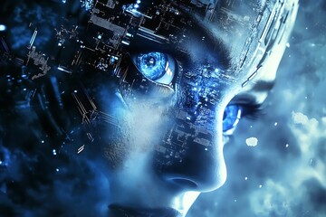 Aufkleber - Futuristic Digital Artwork of a Cyborg Face with Glowing Blue Cybernetic Features : Generative AI
