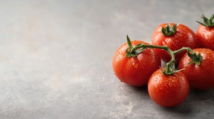 Poster - fresh ripe tomatoes with water droplets on grey background ideal for culinary themes or organic prod
