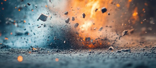 Poster - dynamic abstract explosion debris on hard surface with empty space for text and creative design elem