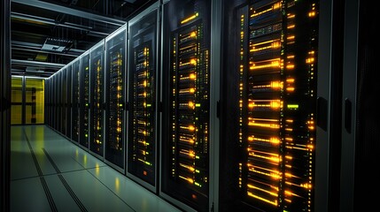 Poster - Lit Server Room with High-Tech Data Center Equipment and Infrastructure : Generative AI