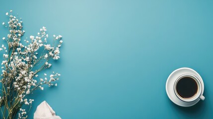 Poster - minimalist blue color palette featuring a coffee cup and delicate flowers with ample copyspace for c