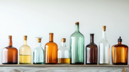 Poster - Variety of Vintage Glass Bottles in Different Shapes and Sizes with Cork Stoppers on a Wooden Shelf Against a Light Background