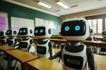 Poster - Robots learning in a classroom setting with modern technology and interactive elements