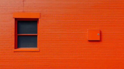 Poster - Vibrant Orange Brick Wall With Single Window Modern Architectural Design : Generative AI