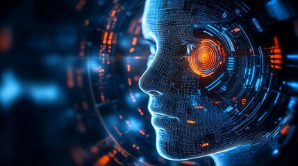 Poster - Digital Face with Futuristic Orange Blue Neural Network Overlay : Generative AI