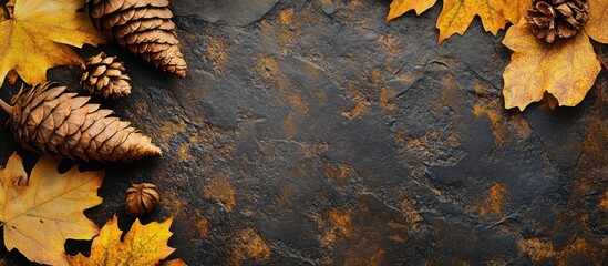 Poster - Autumn flat lay with pine cones and vibrant leaves on a textured background perfect for seasonal greetings or announcements