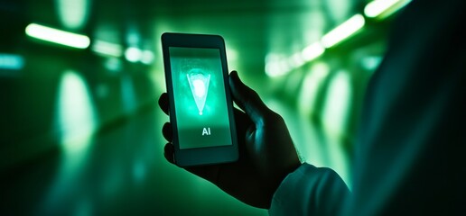 Poster - Within a futuristic business context, a businessman interacts with an AI stock management system, coding and creating software to align network connections, IoT functionalities, and innovative