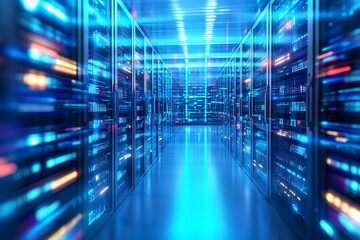 Poster - Futuristic Data Center Corridor with Glowing LED Servers and Digital Hues : Generative AI