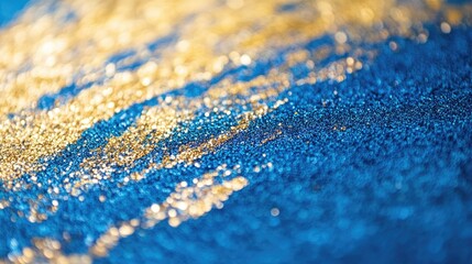 Poster - Blue and gold glitter background with blurred effect featuring empty space for text and designs, ideal for creative projects and invitations