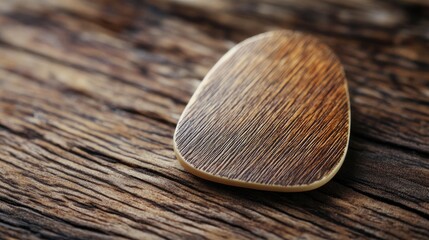 Poster - textured surface of a brown and cream sunburst guitar pick on wooden background with ample copy spac