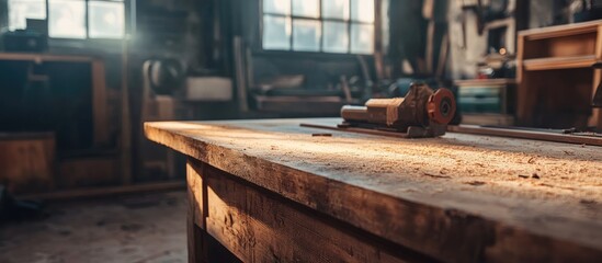 Canvas Print - Close up of a rustic woodworker's table with natural light highlighting the grain and texture ideal for text overlay or showcasing craftsmanship