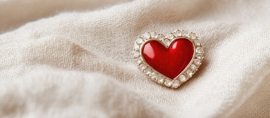 Poster - close up of a red heart pin set against a soft neutral background creating an elegant space for cust