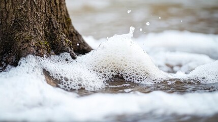 Poster - Close up of white foam and ripples in water surrounding tree roots with natural environment and space for text or design elements